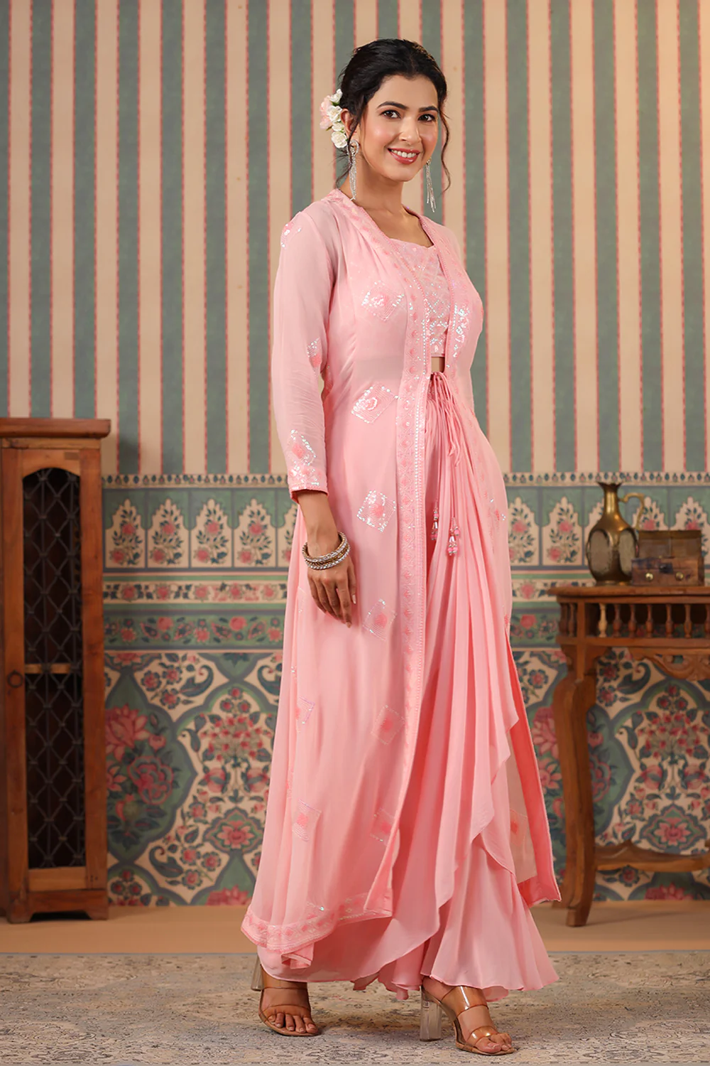 Pink Color Georgette Embroidered Crop-Top With Shrug & Skirt - Image 2