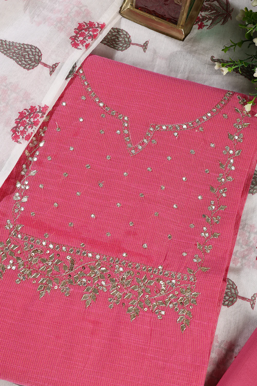 Pink Cotton Gota Patti and Zari Work Unstitched Suit Material - Image 3