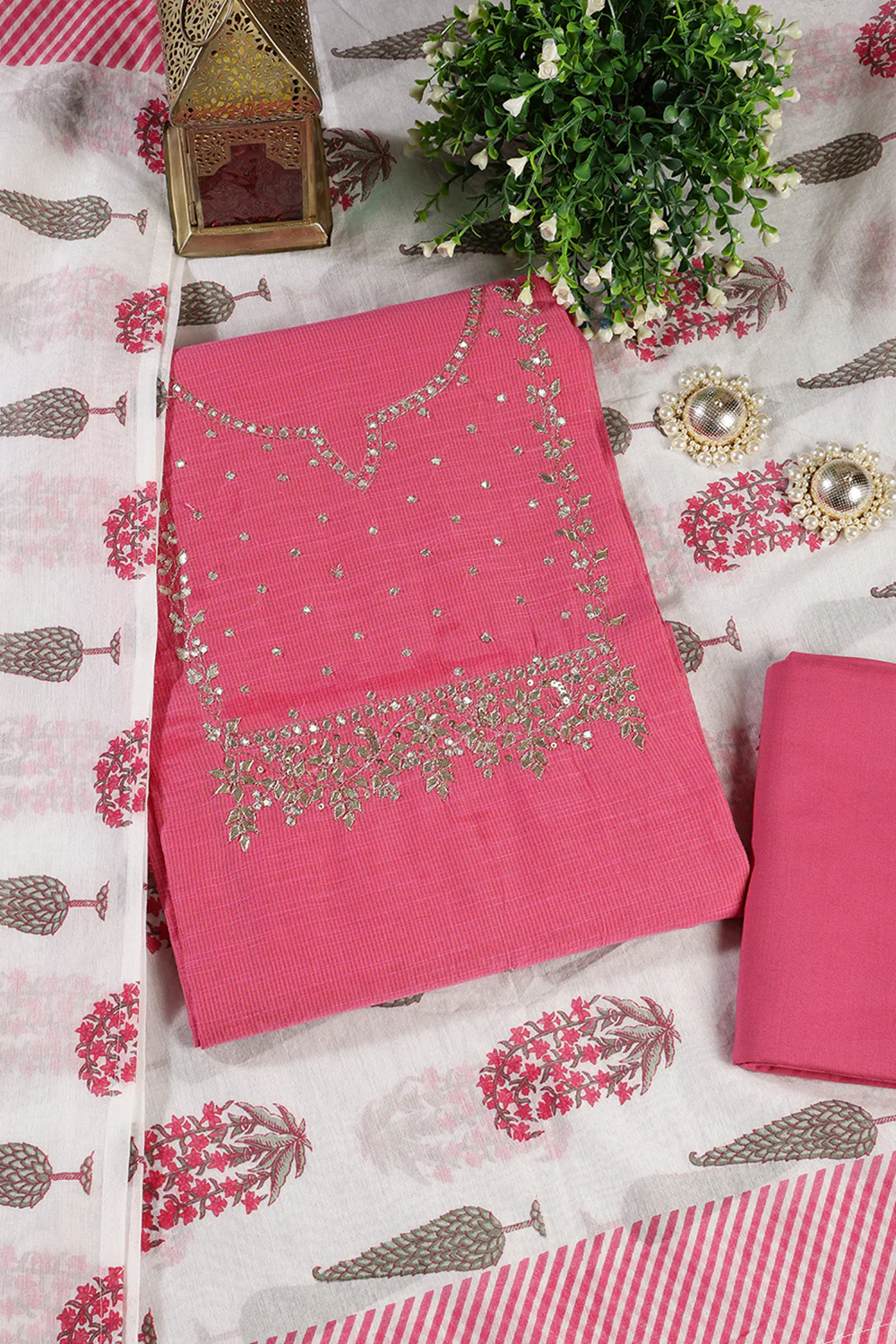 Pink Cotton Gota Patti and Zari Work Unstitched Suit Material - Image 4