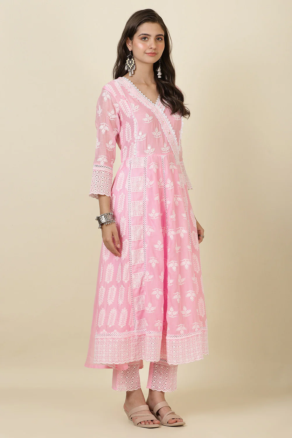 Pink Cotton Resham Embroidered and Lace Work Anarkali Suit - Image 5