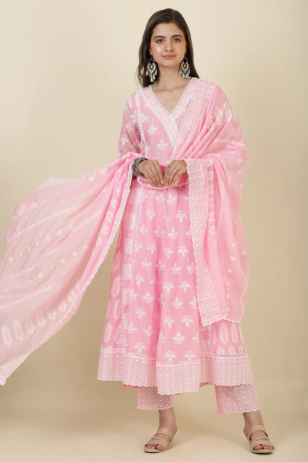 Pink Cotton Resham Embroidered and Lace Work Anarkali Suit - Image 6