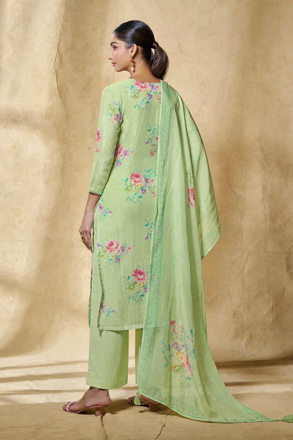 Pista Green Chanderi Cotton Floral Printed Suit Set - Image 3