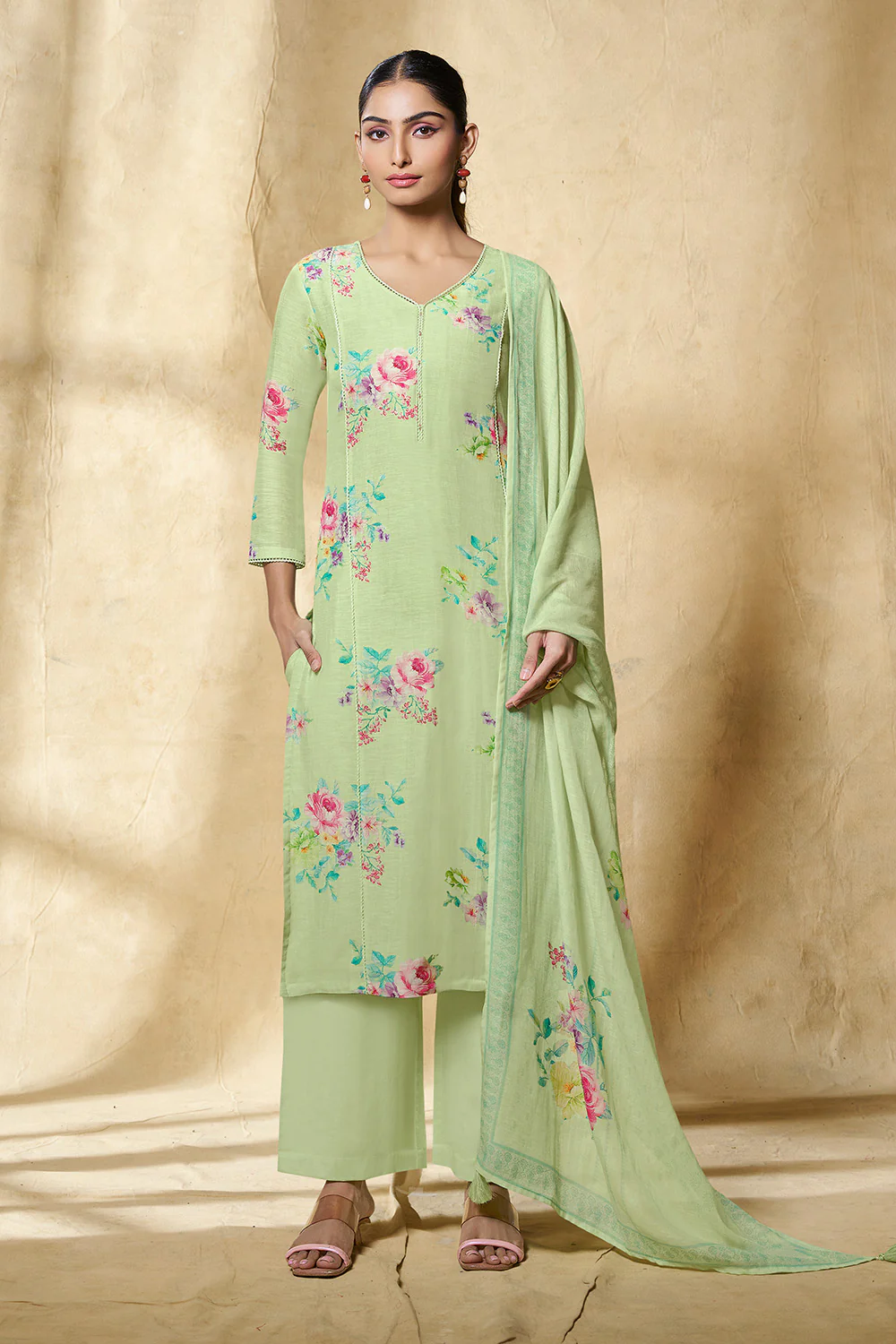 Pista Green Chanderi Cotton Floral Printed Suit Set - Image 4