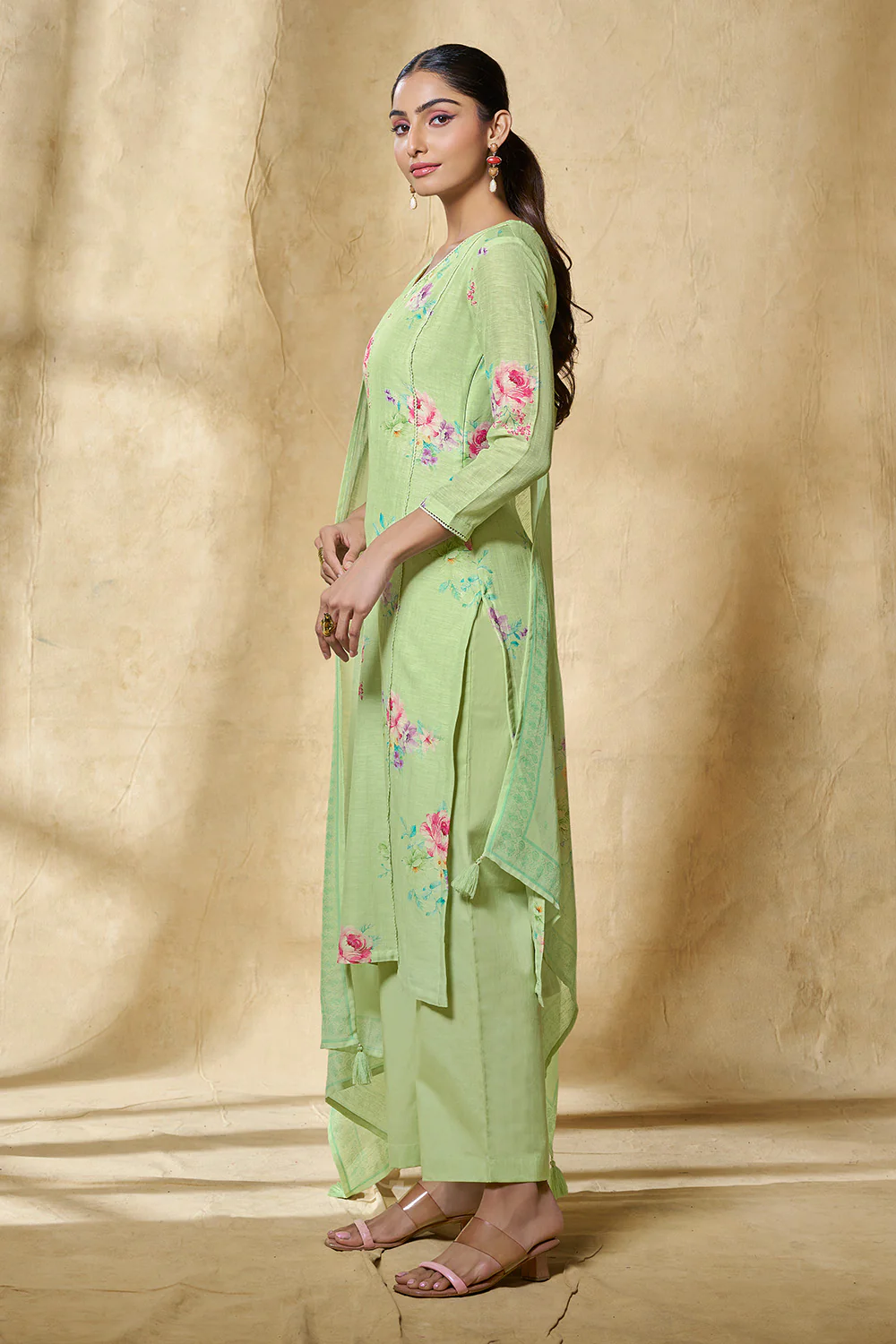 Pista Green Chanderi Cotton Floral Printed Suit Set - Image 5