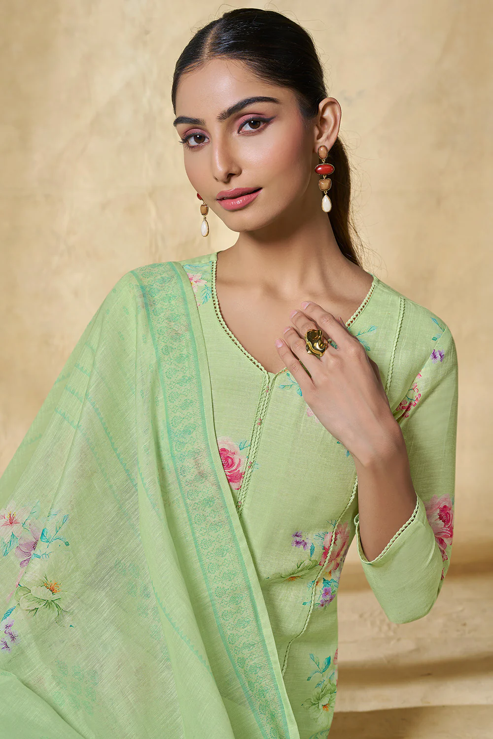 Pista Green Chanderi Cotton Floral Printed Suit Set - Image 6