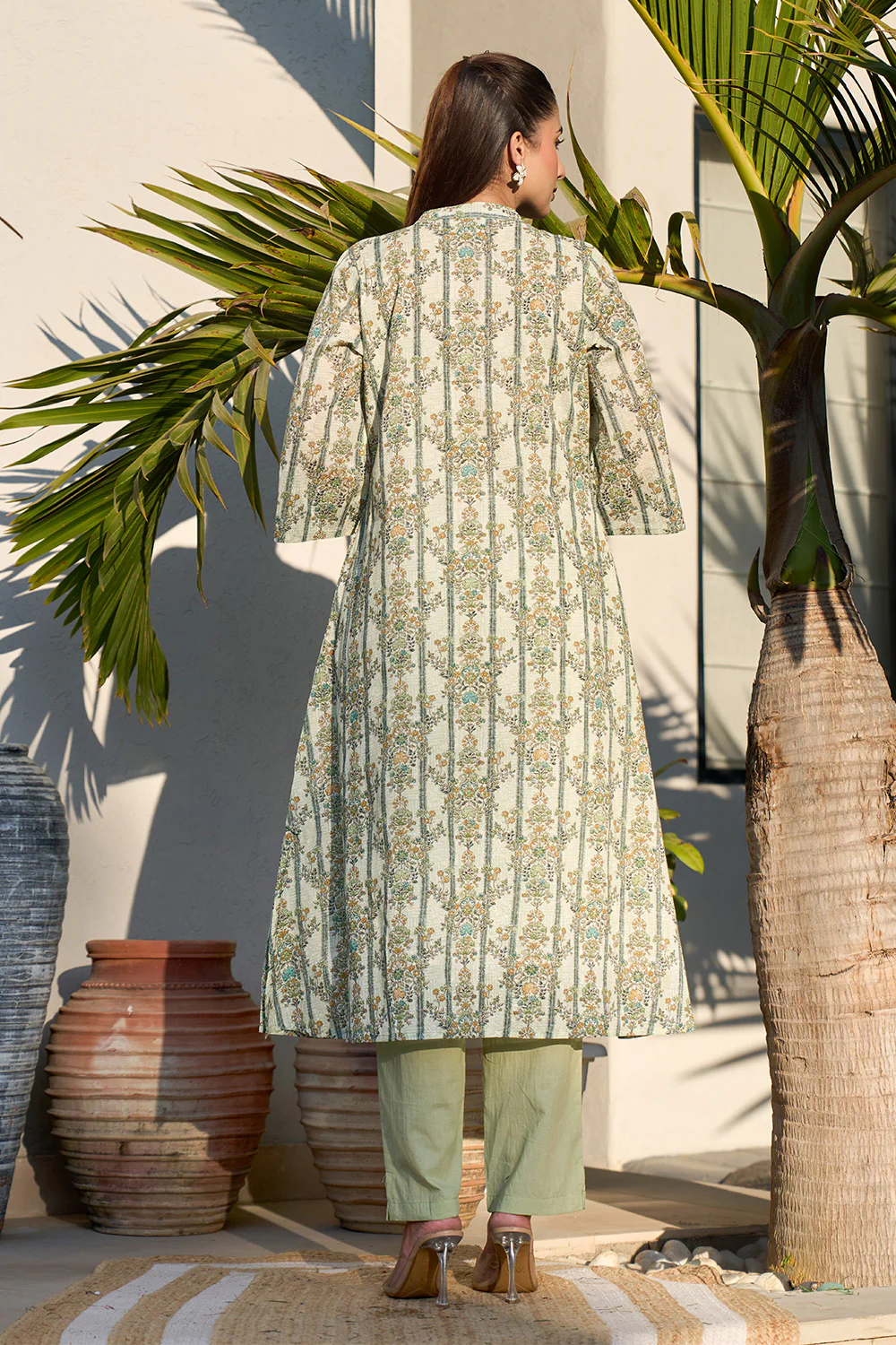 Pista Green Floral Printed Cotton Long Kurta Set - Image 3