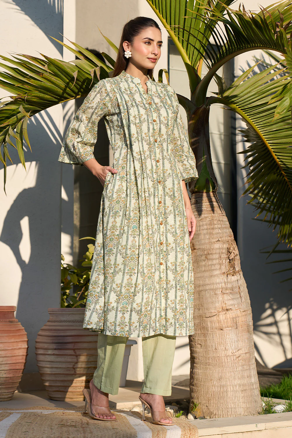 Pista Green Floral Printed Cotton Long Kurta Set - Image 5