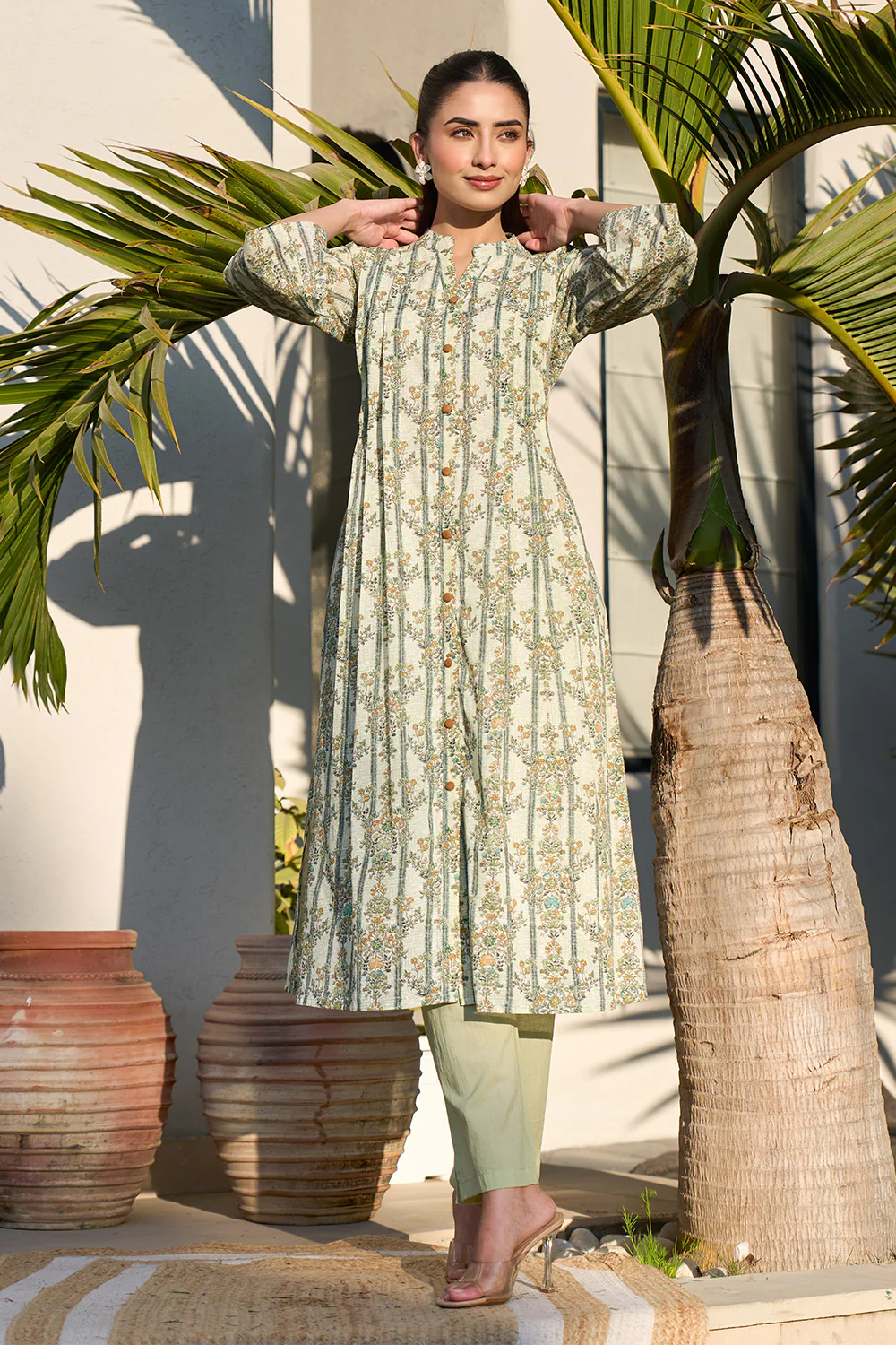 Pista Green Floral Printed Cotton Long Kurta Set - Image 6