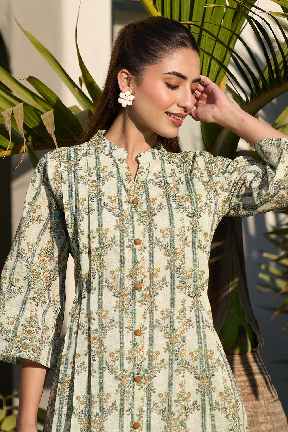Pista Green Floral Printed Cotton Long Kurta Set - Image 7