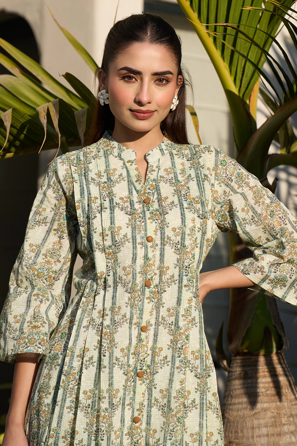 Pista Green Floral Printed Cotton Long Kurta Set - Image 8