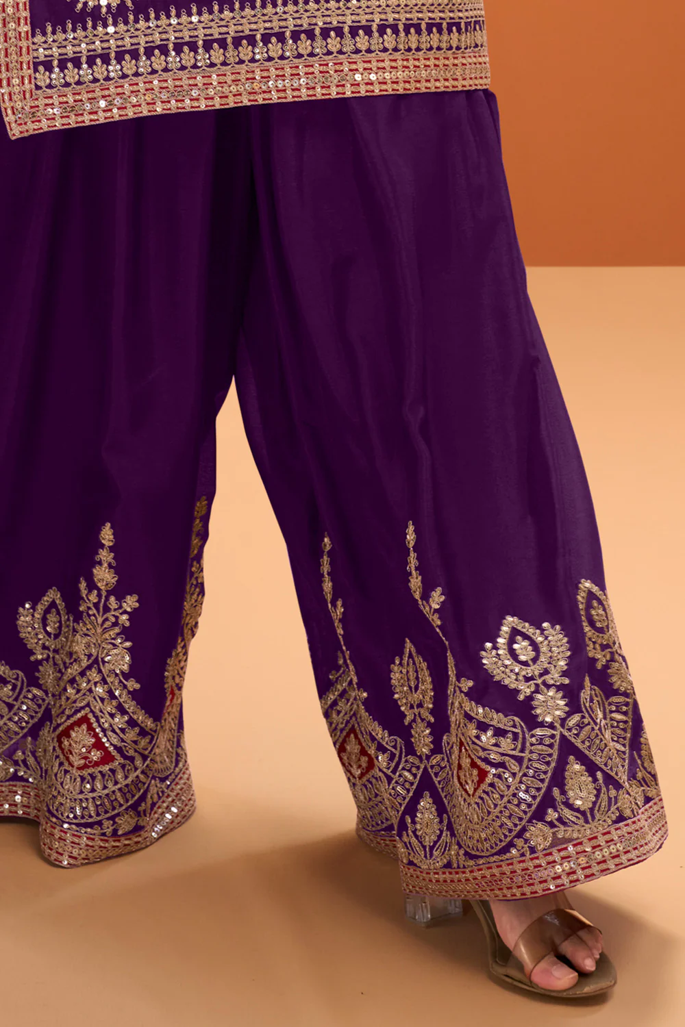 Purple Crepe Silk Zari and Sequins Embroidered Suit With Embroidered Palazzo - Image 3