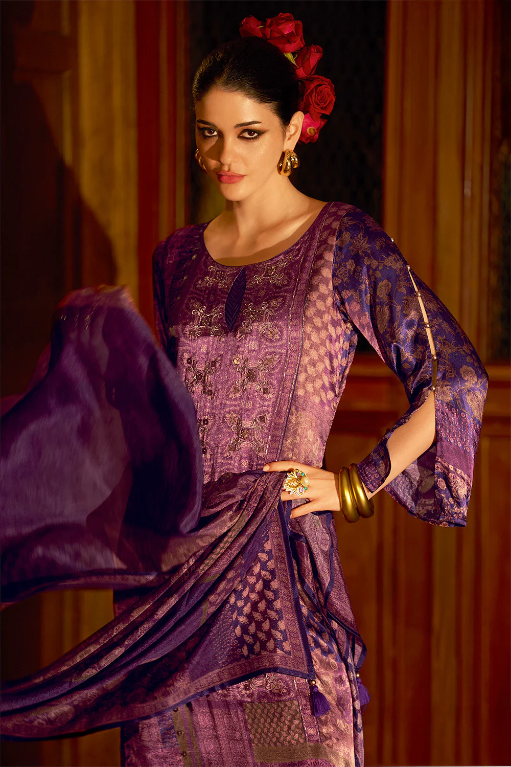 Purple Spun Printed Unstitched Suit Material - Image 2