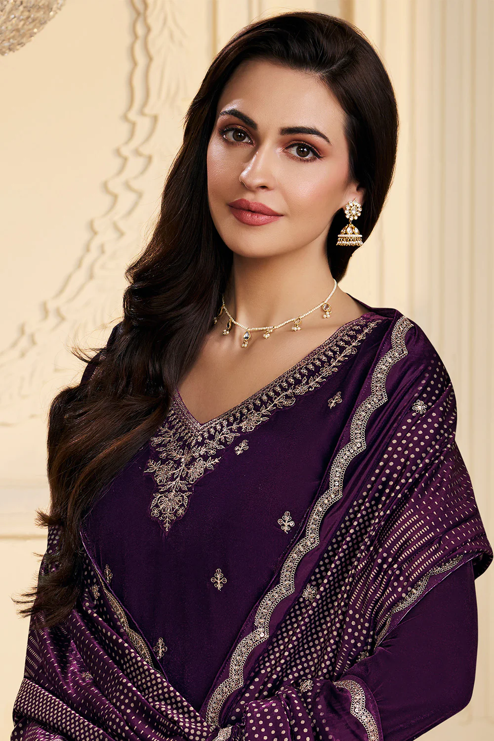 Purple Velvet Zari and Sequins Embroidered Unstitched Suit Fabric - Image 2