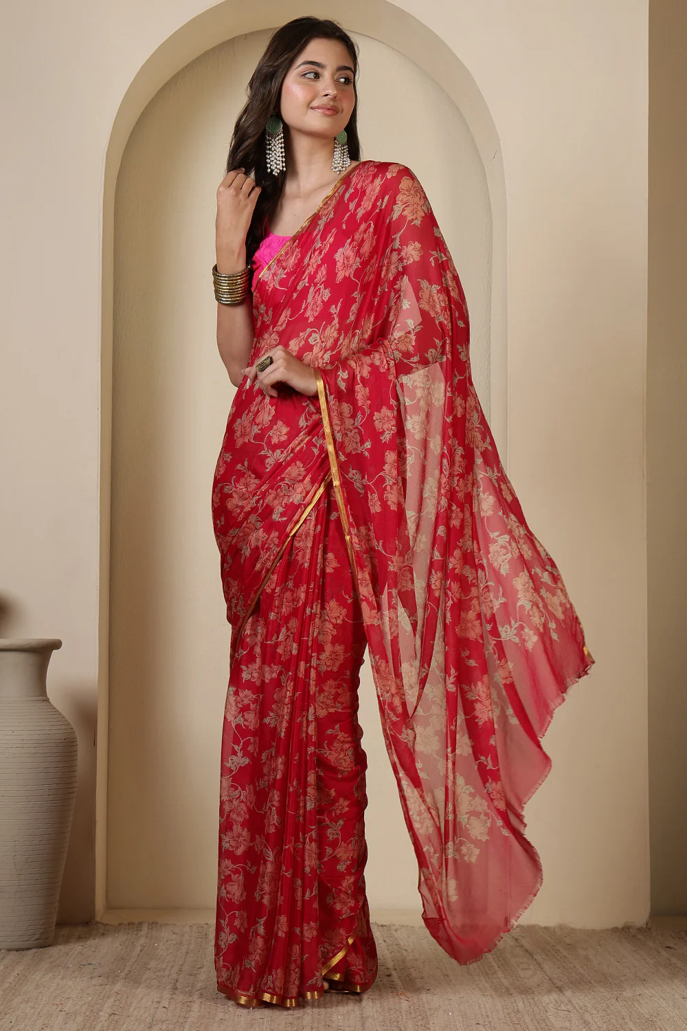 Rani Chiffon Floral Zari Border & Floral Printed Saree - Image 2