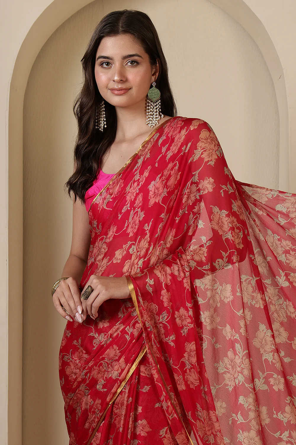Rani Chiffon Floral Zari Border & Floral Printed Saree - Image 5