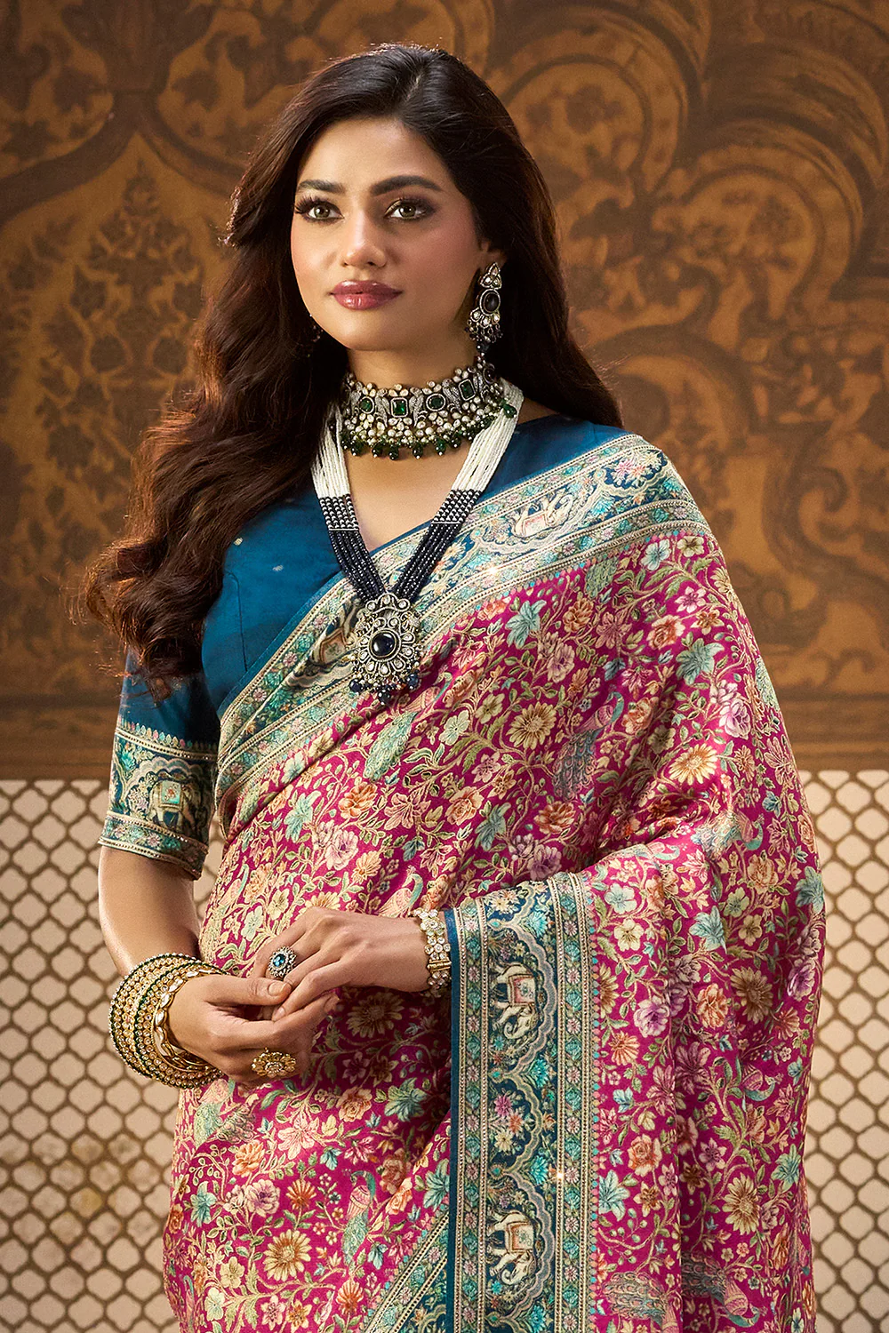 Rani Color Position Print Woven Silk Saree With Swarovski Work - Image 2