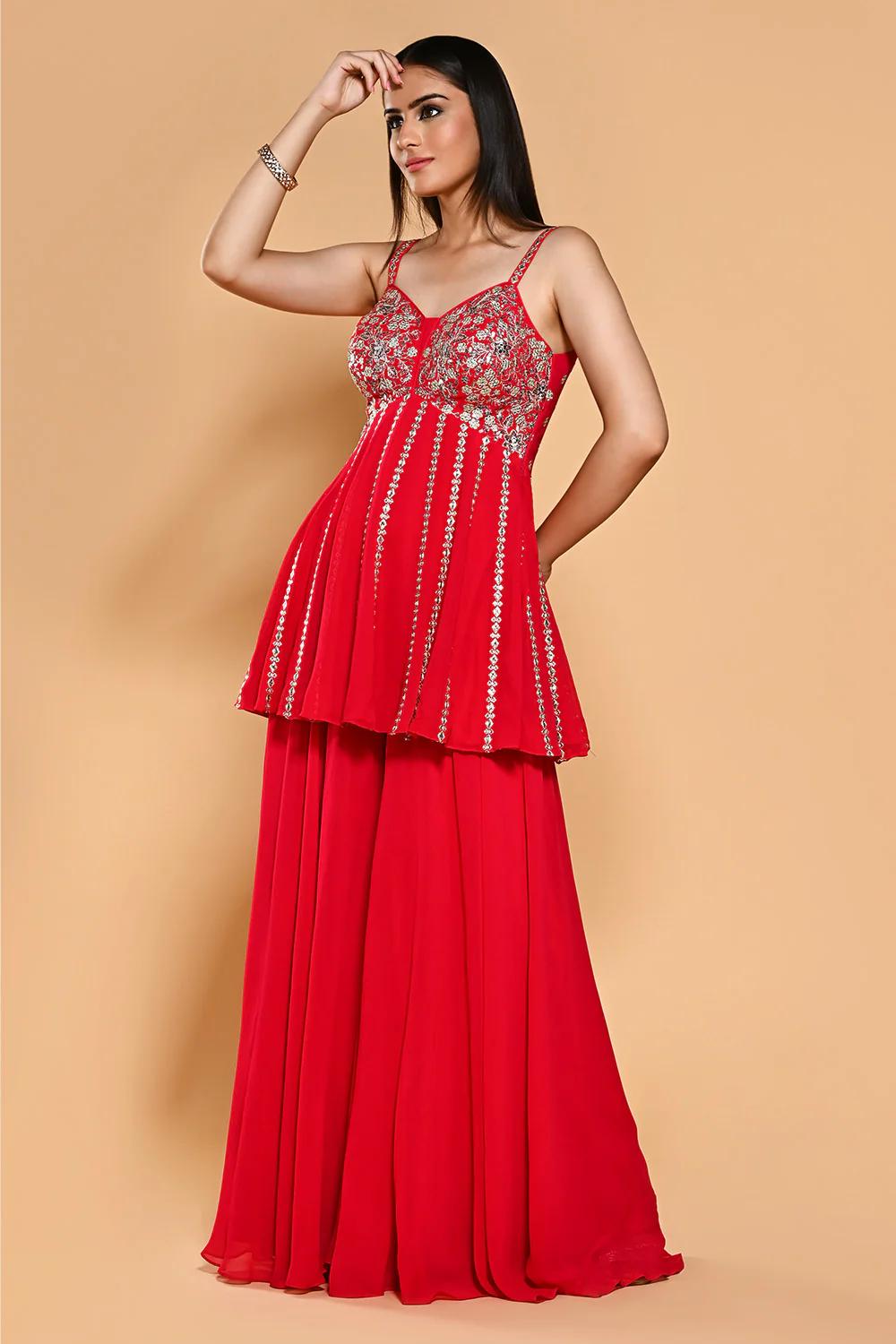 Red Color Embroidered Georgette Peplum Sharara Suit - Image 2