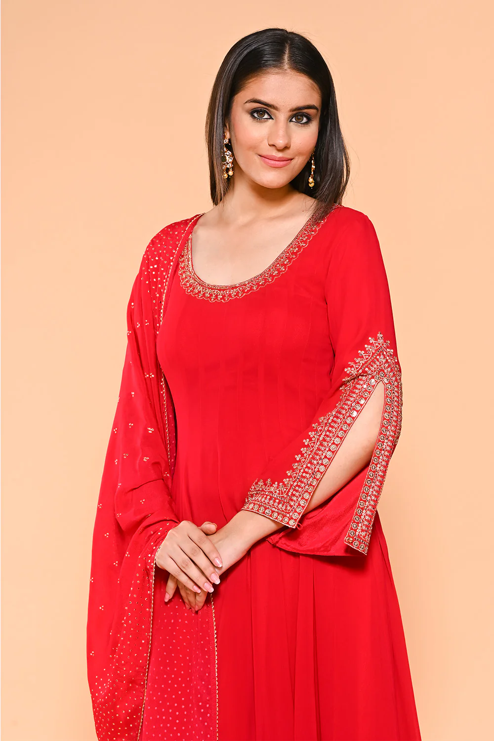 Red Color Georgette Designer Side Silts Sleeves Embroidered Anarkali Suit - Image 10
