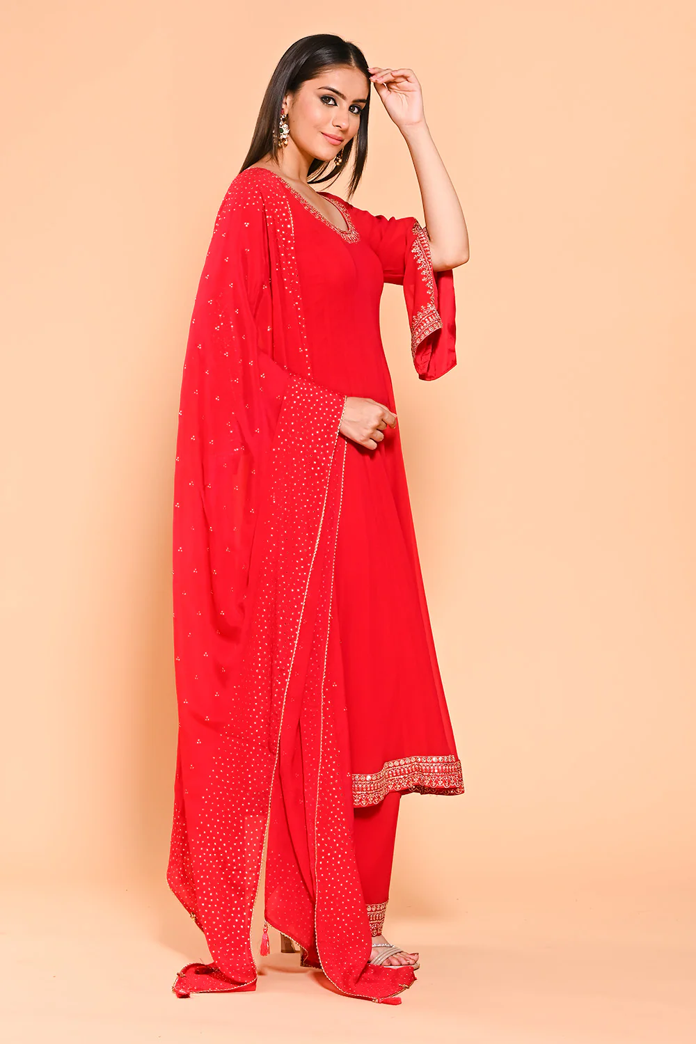 Red Color Georgette Designer Side Silts Sleeves Embroidered Anarkali Suit - Image 2