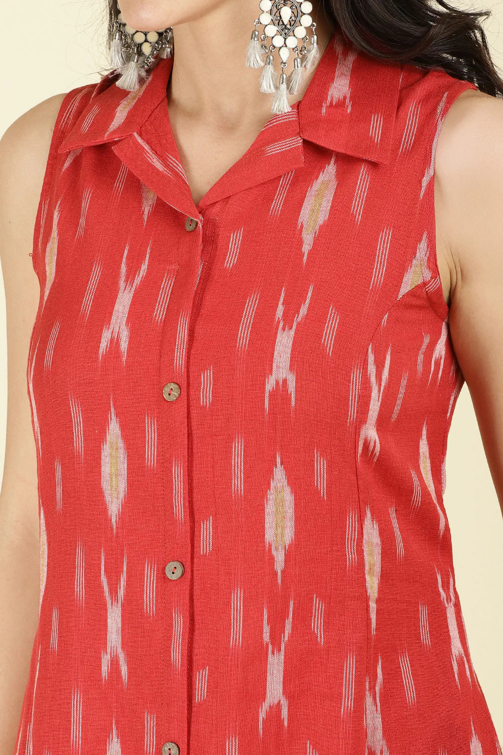 Red Cotton Ikat Printed Peonies Dress - Image 7