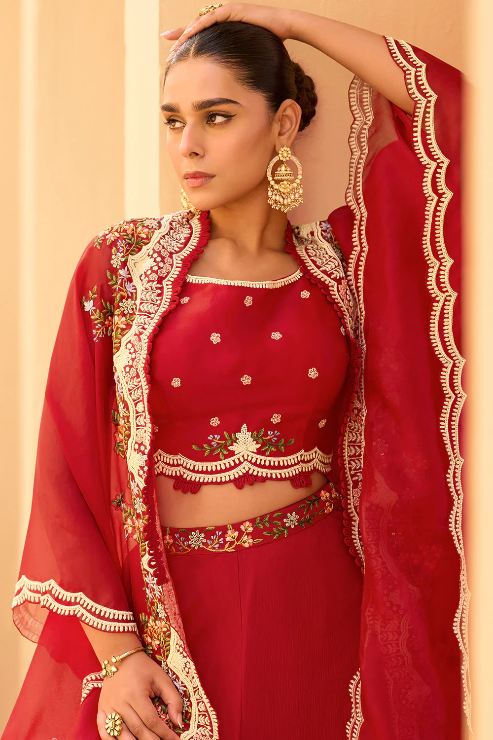 Red Organza Embroidered Crop-Top Dress With Shruge Stlye Dupatta And Palazzo - Image 3
