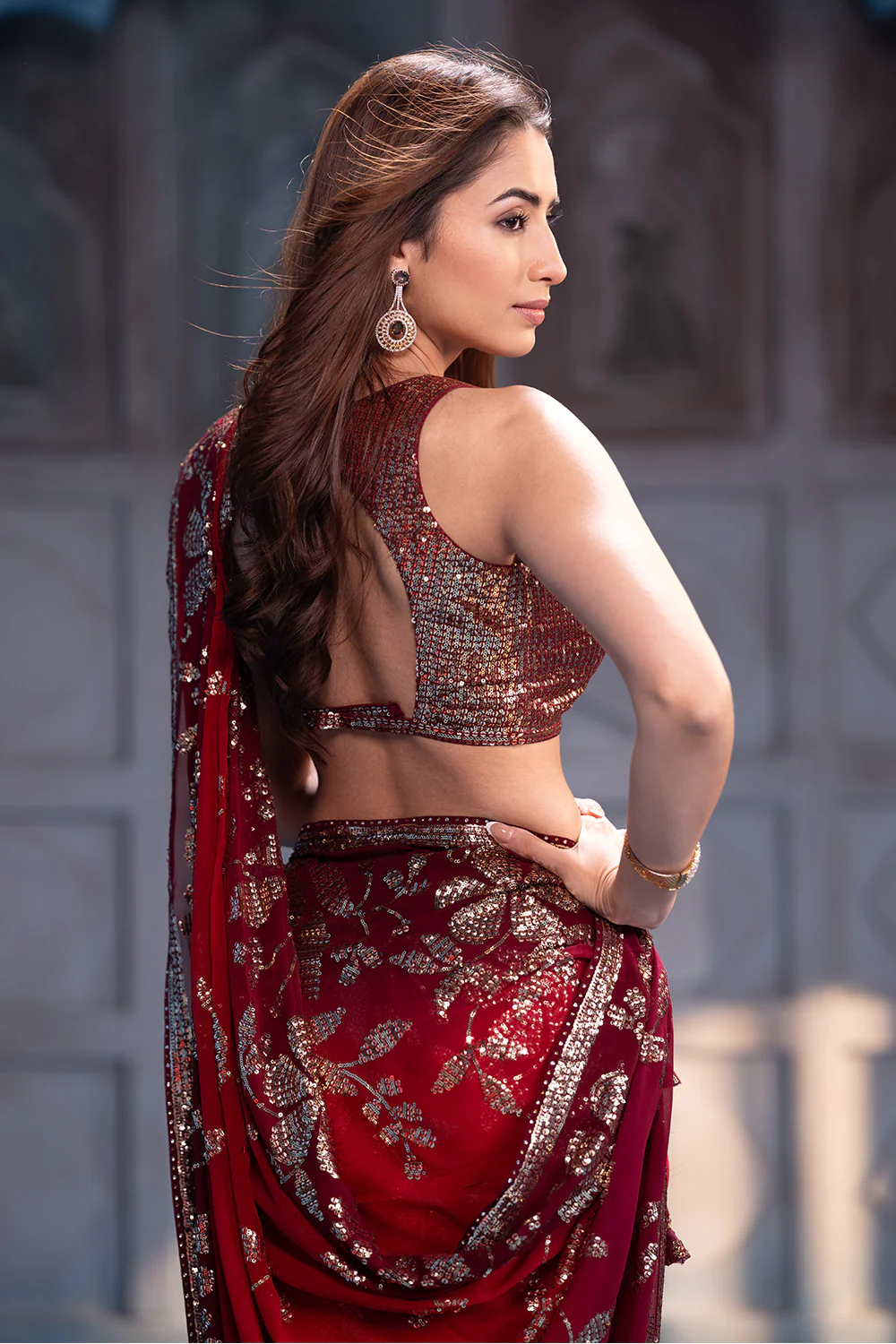 Red Pure Georgette Sequins Floral Embroidered Saree - Image 5
