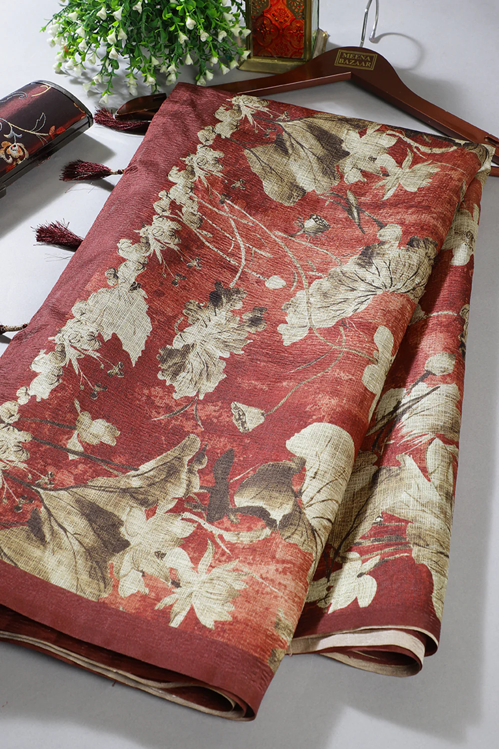 Rust Tussar Silk Floral Printed Saree