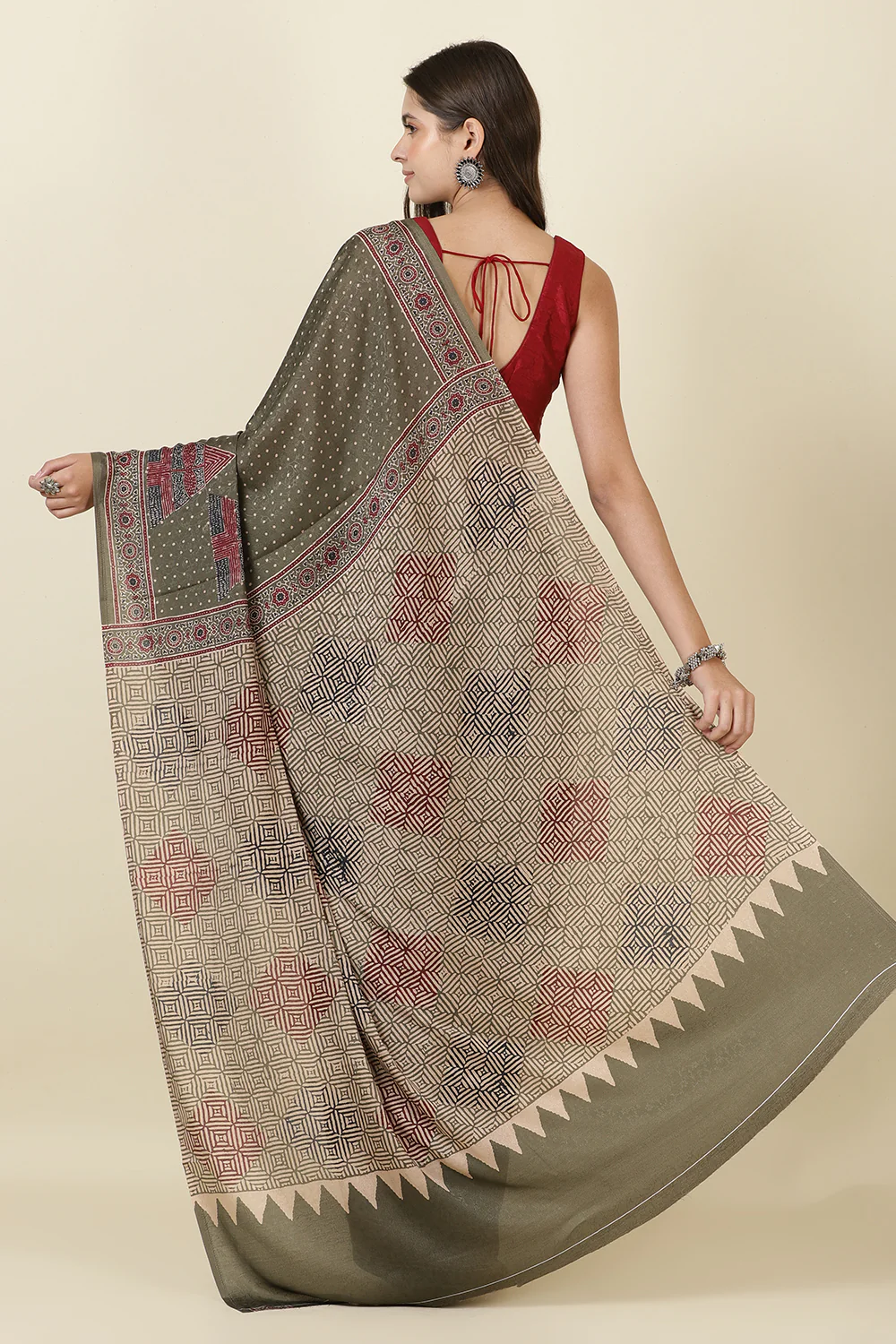 Sage Green Jacquard Silk Printed Saree - Image 3