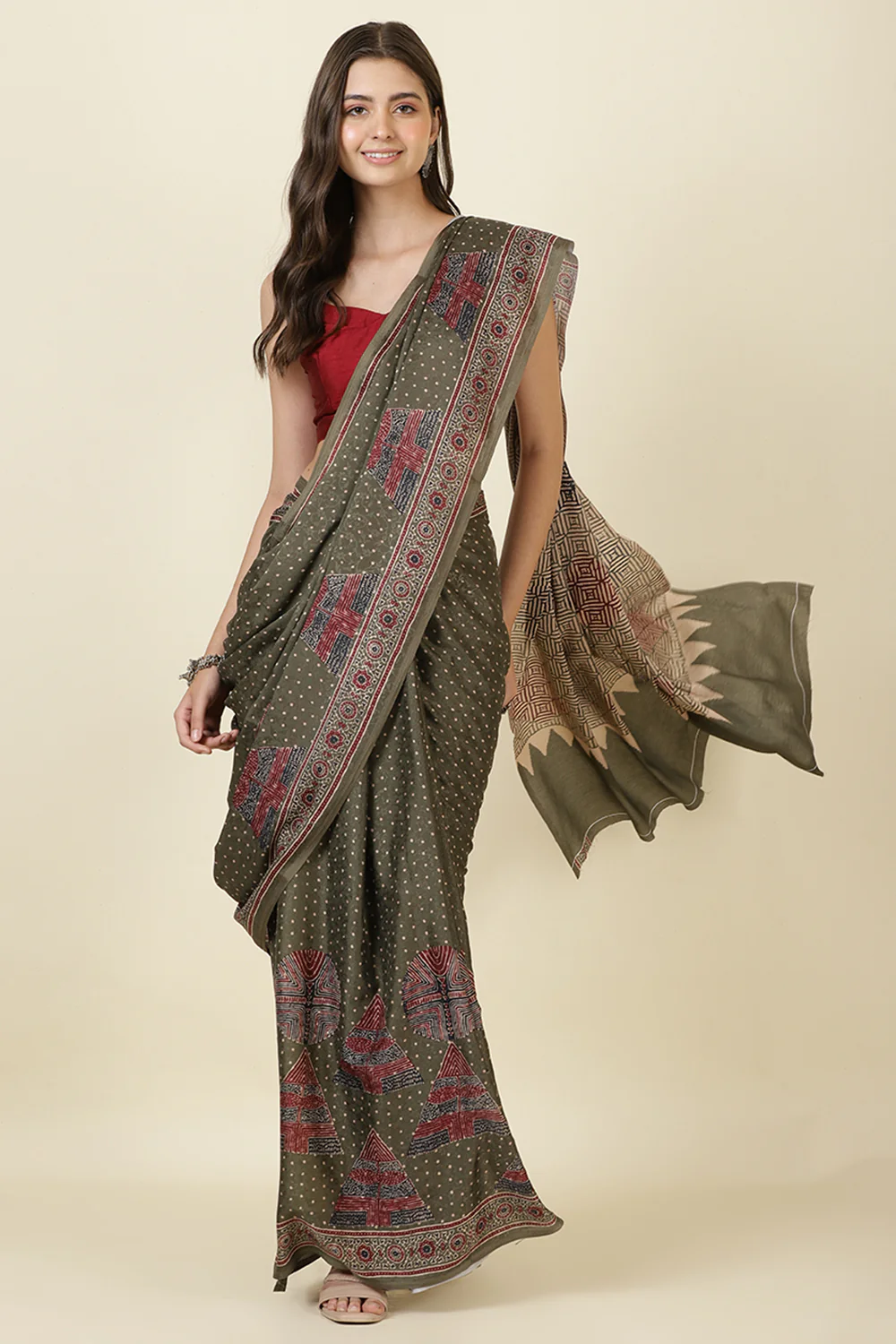 Sage Green Jacquard Silk Printed Saree - Image 5