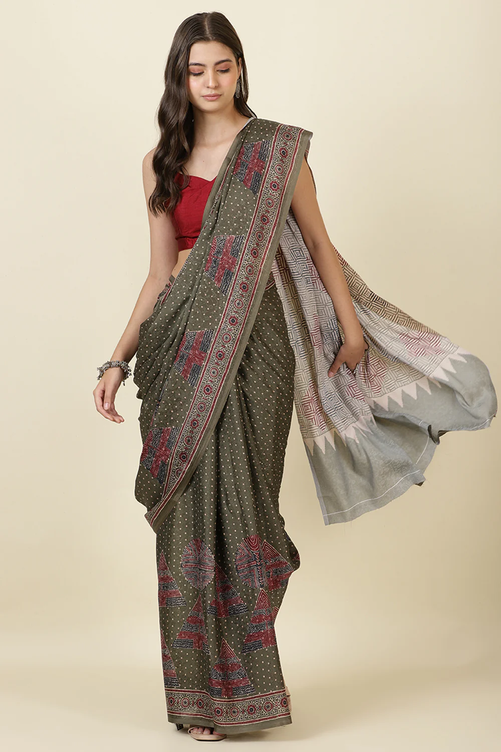 Sage Green Jacquard Silk Printed Saree - Image 6