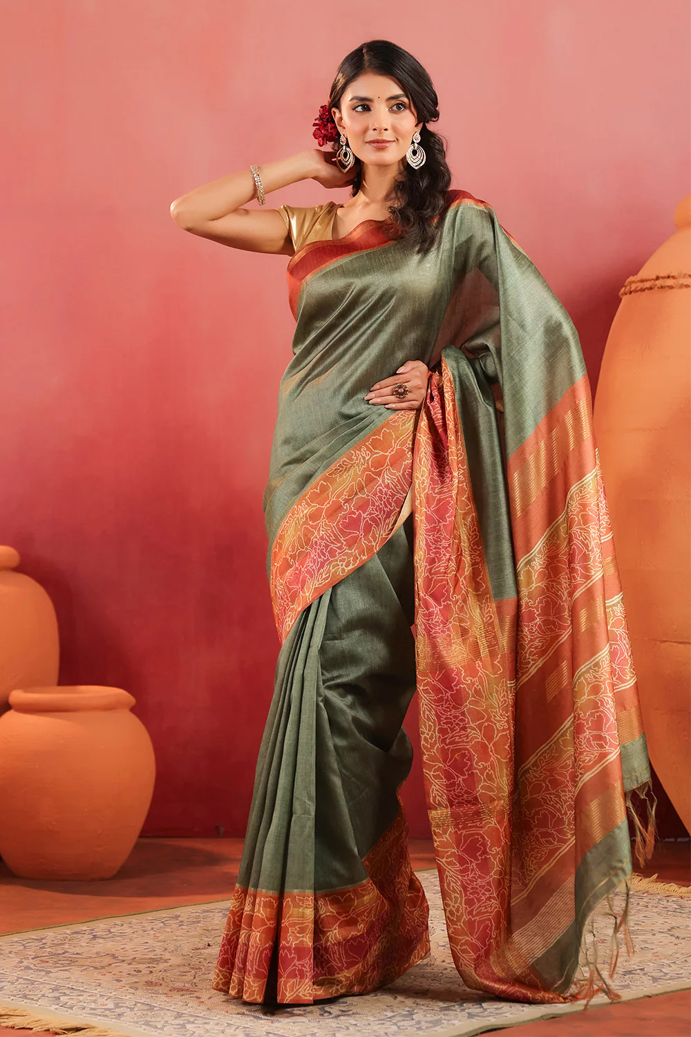 Sage Green Tussar Silk Floral Printed and Zari Woven Saree - Image 2