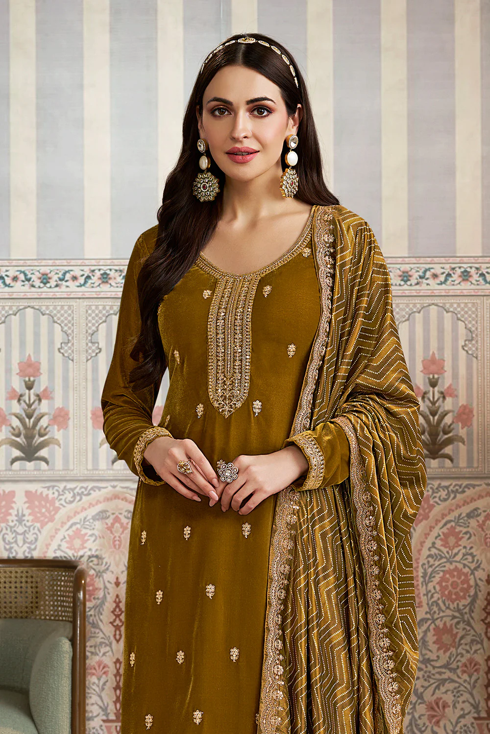 Sage Green Velvet Sequins and Zari Embroidered Unstitched Suit Fabric - Image 2