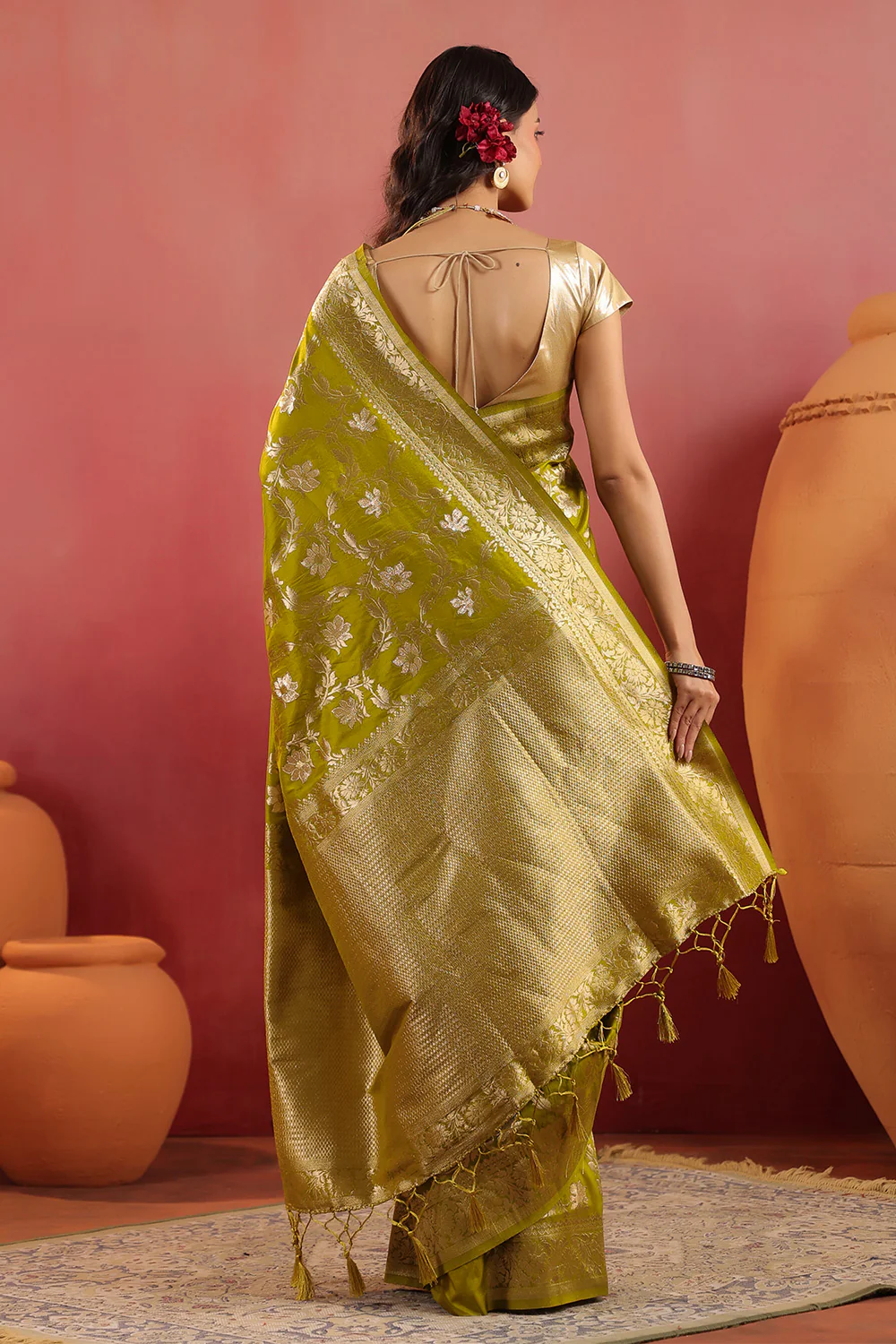 Sage Green Zari Floral Woven Silk Saree - Image 3