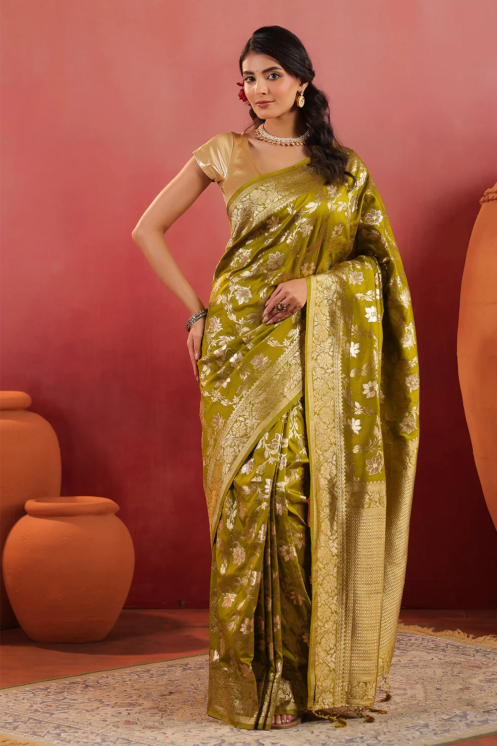 Sage Green Zari Floral Woven Silk Saree - Image 4