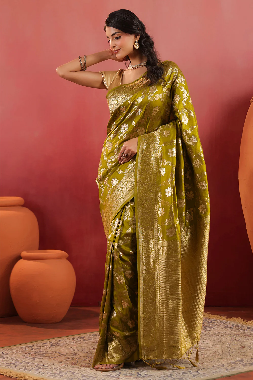 Sage Green Zari Floral Woven Silk Saree - Image 5
