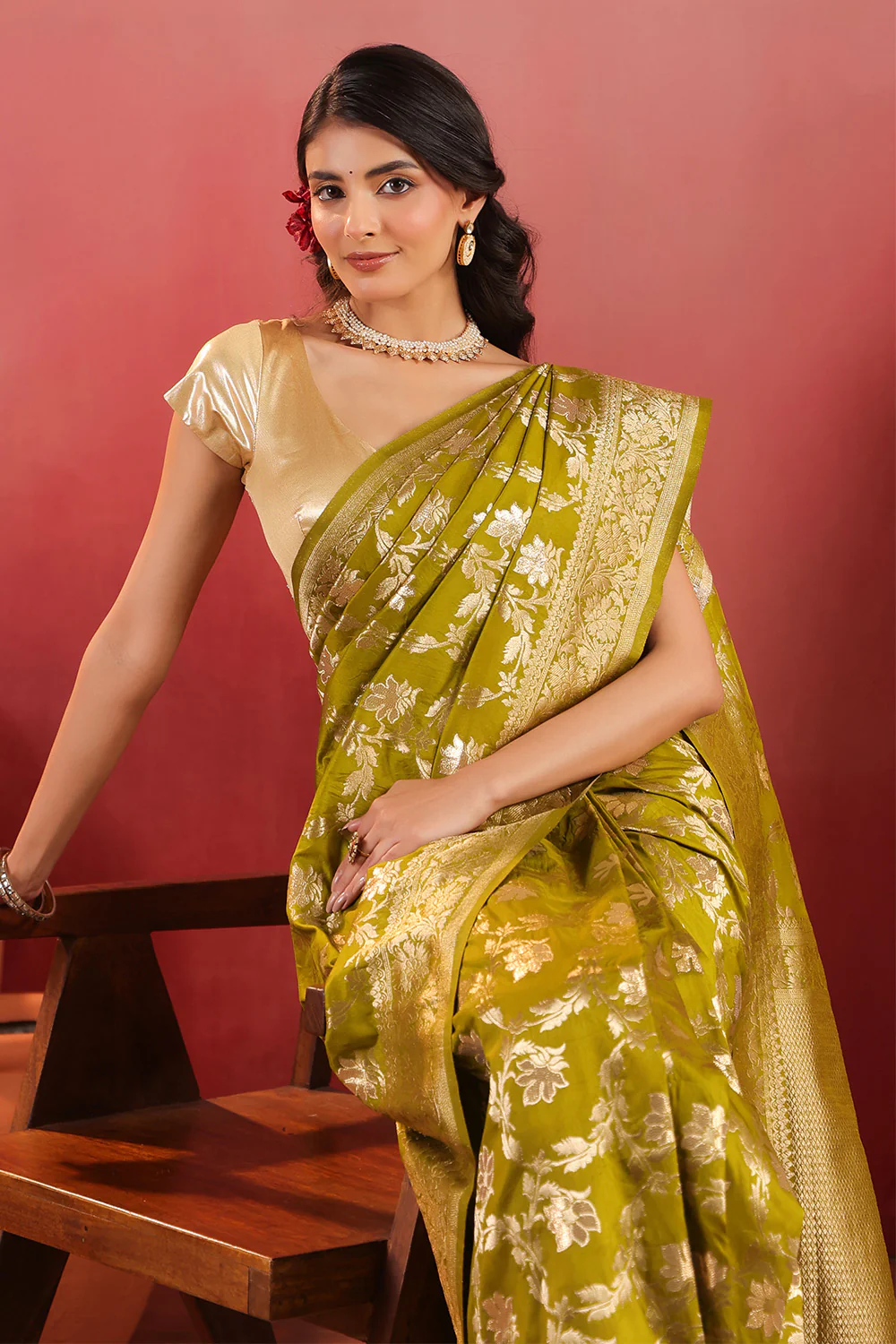 Sage Green Zari Floral Woven Silk Saree - Image 9