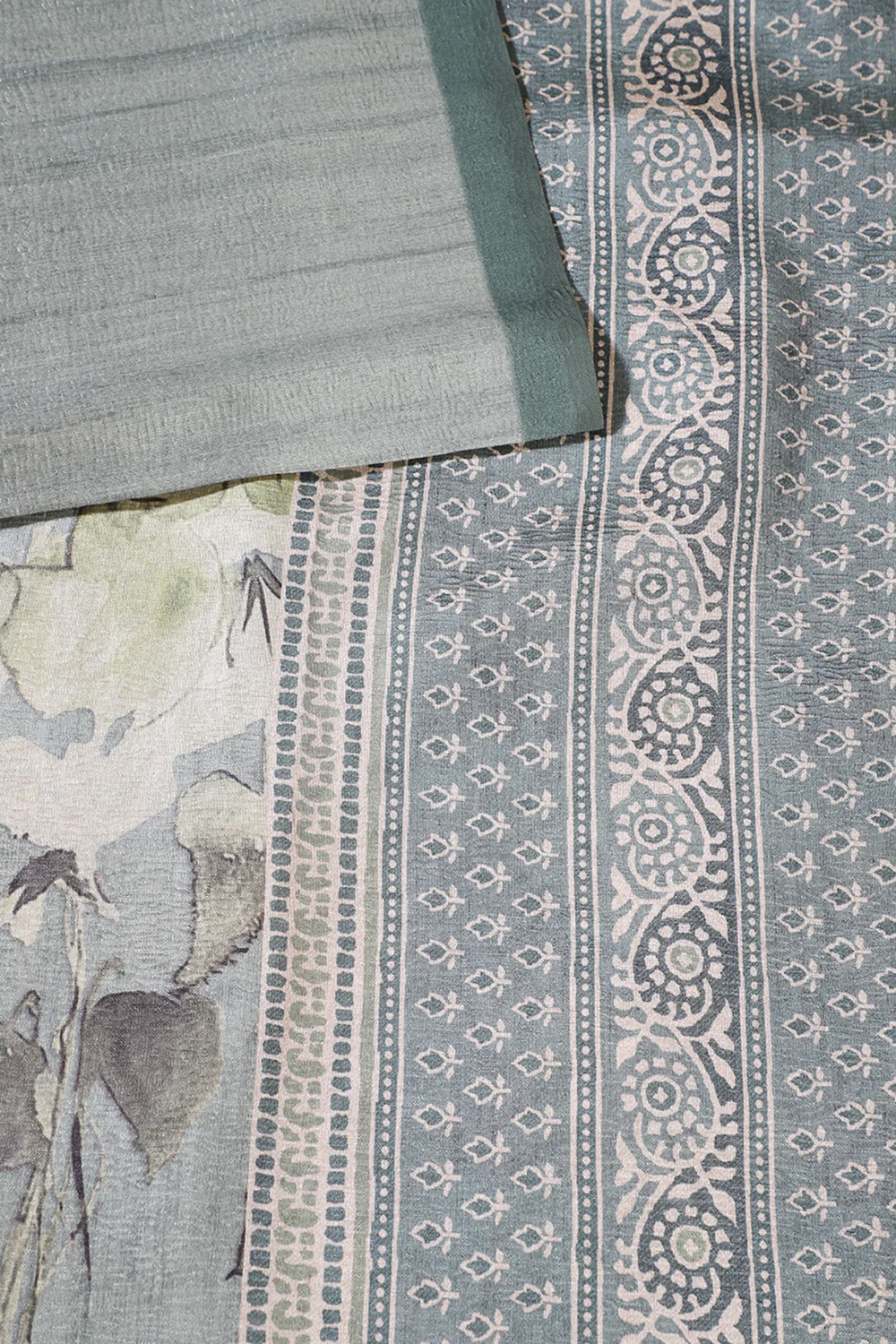 Sea Green Floral Printed Tussar Silk Saree - Image 3