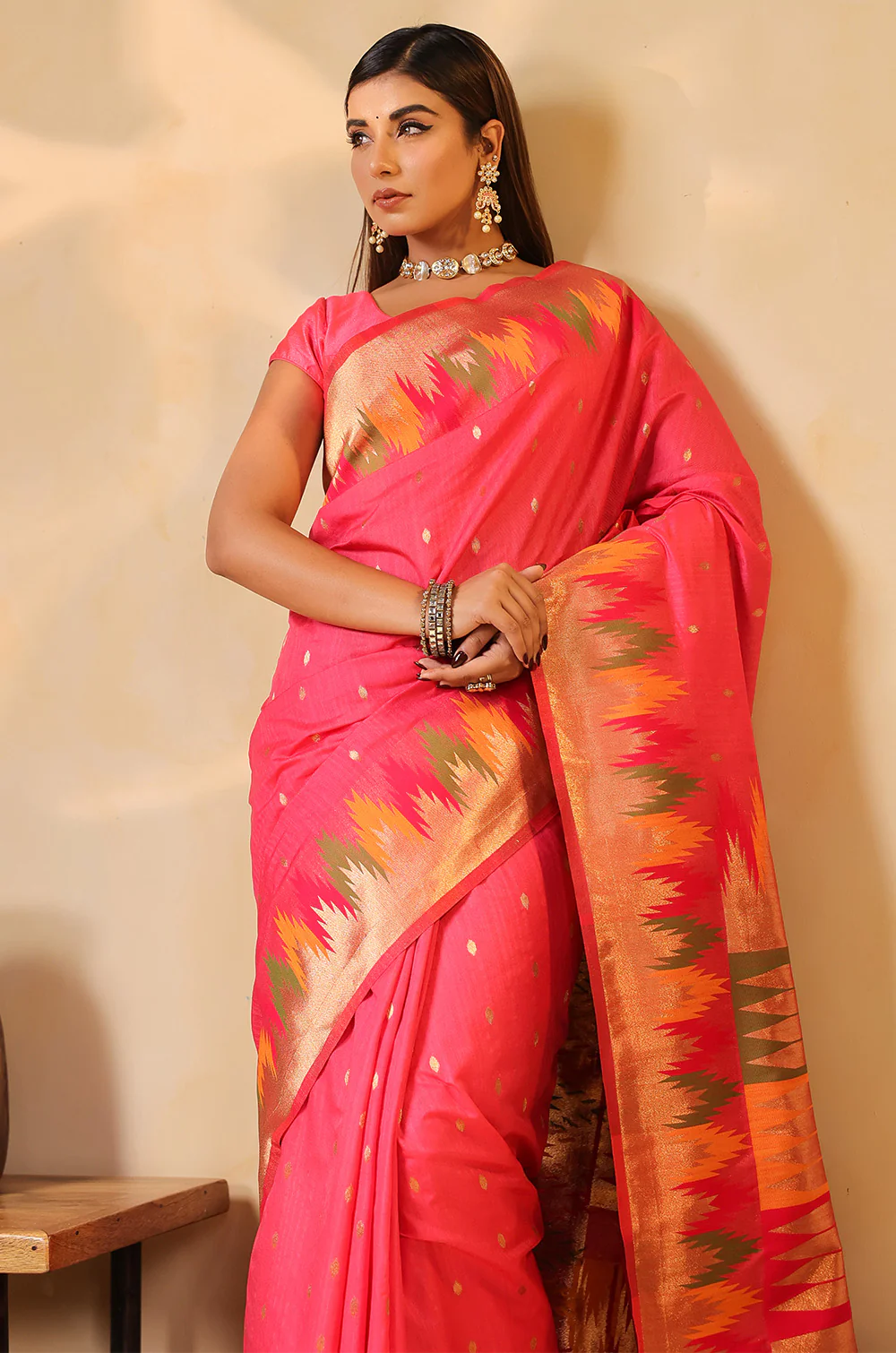 Strawberry Color Cotton Silk Woven Saree - Image 8