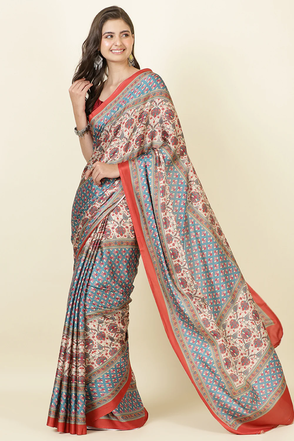 Teal & Beige Crepe Printed Saree - Image 3