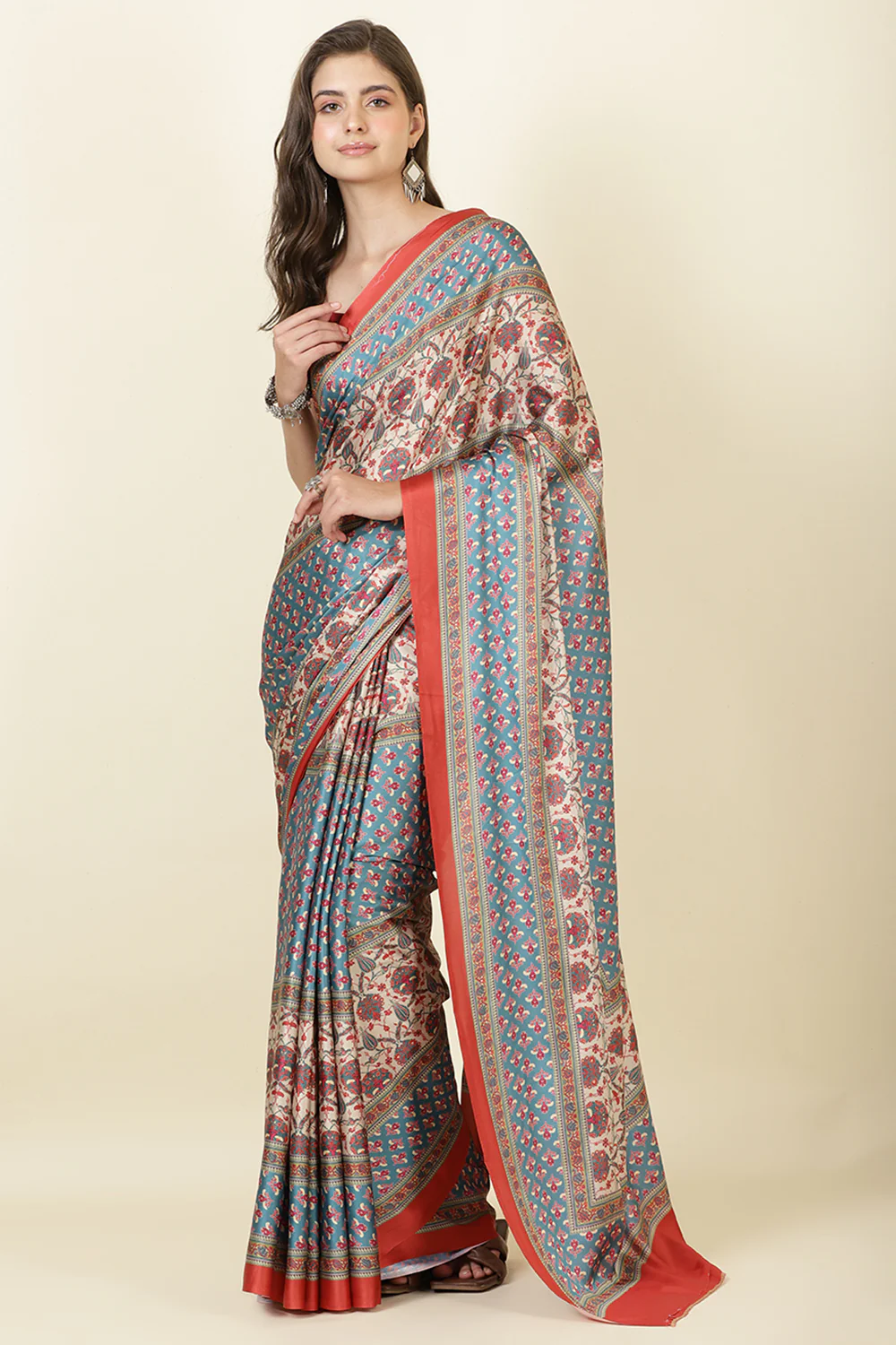 Teal & Beige Crepe Printed Saree - Image 4