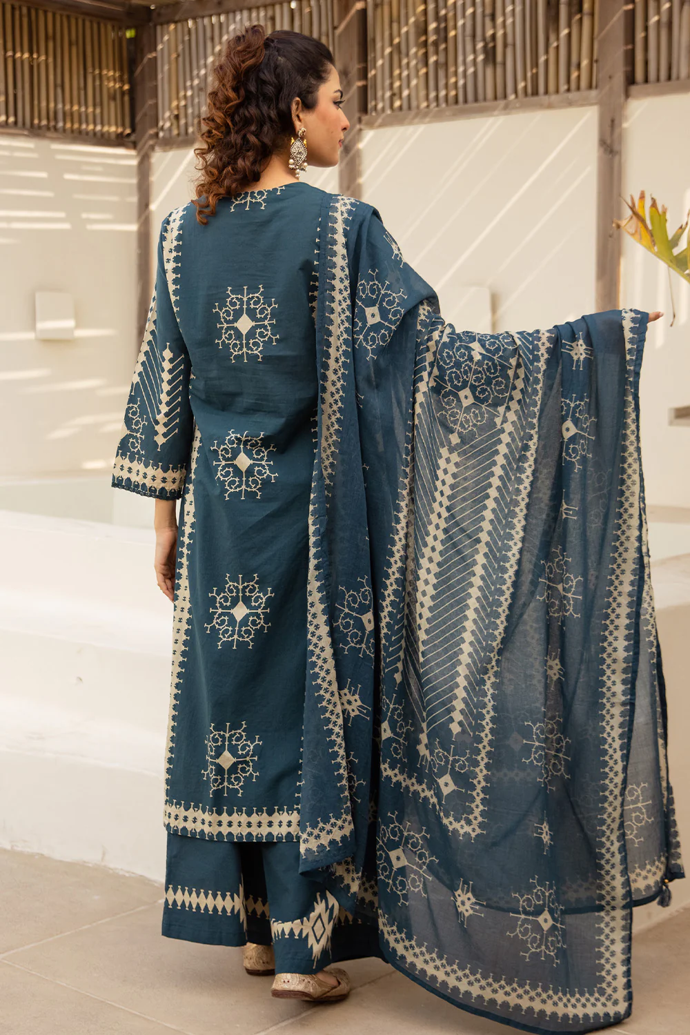 Teal Blue Cotton Printed Suit with Palazzo - Image 3