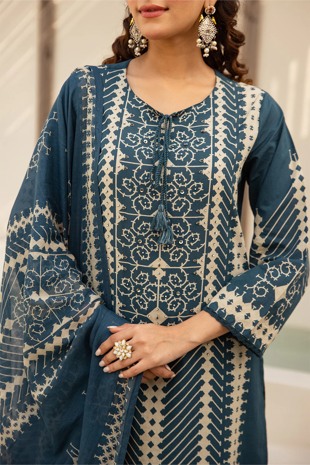 Teal Blue Cotton Printed Suit with Palazzo - Image 5