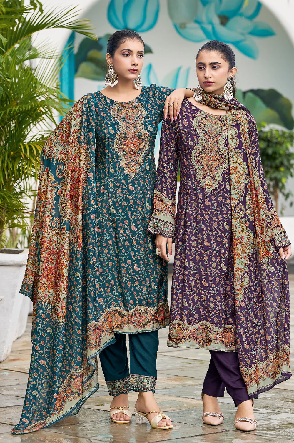 Teal Blue Muslin Floral Printed Unstitched Suit Material - Image 3