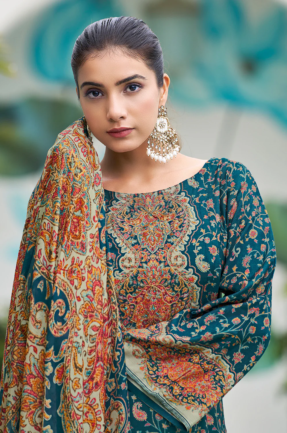 Teal Blue Muslin Floral Printed Unstitched Suit Material - Image 4