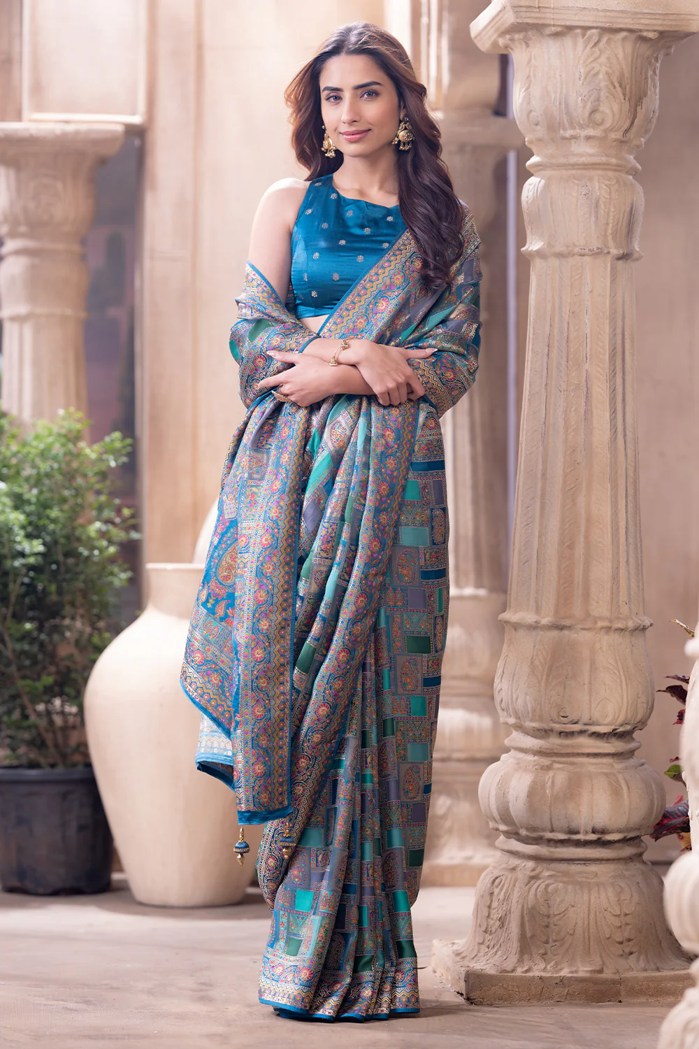 Teal Blue Position Print Woven Silk Saree