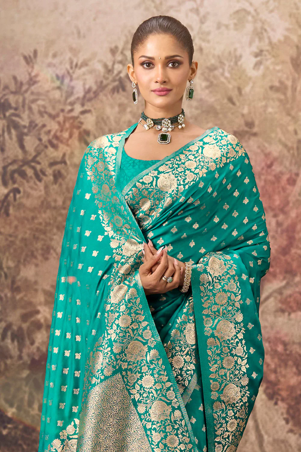 Teal Charmeuse Silk Zari Woven Saree - Image 2