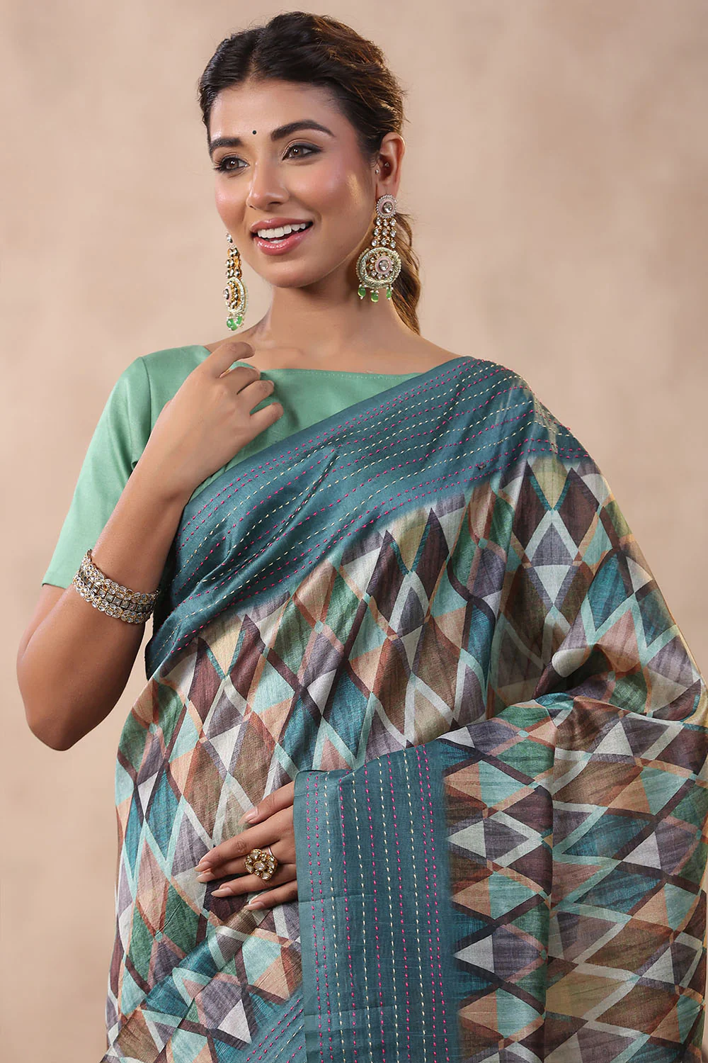 Teal Color Tussar Cotton Printed Saree - Image 6