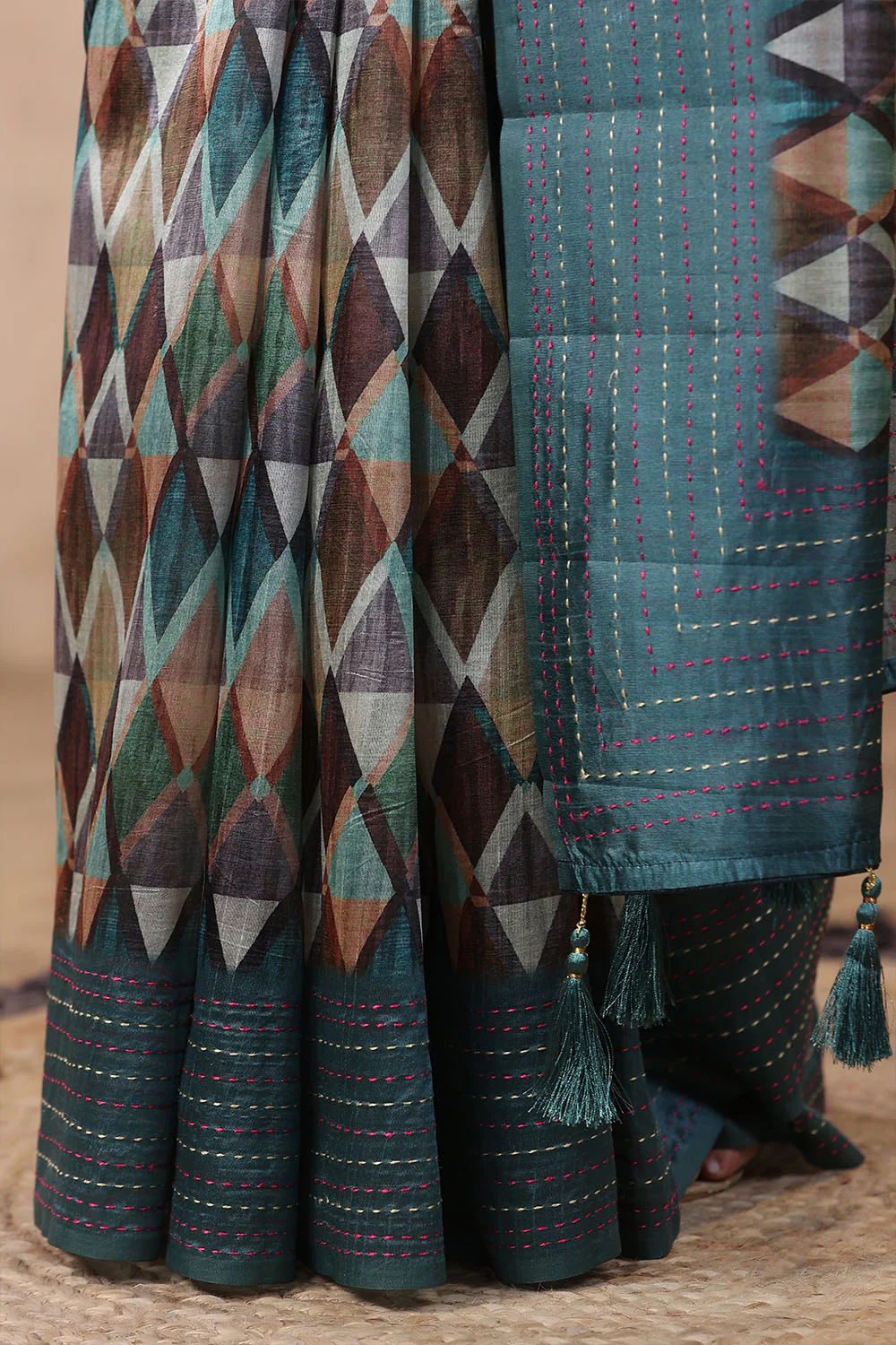 Teal Color Tussar Cotton Printed Saree - Image 8