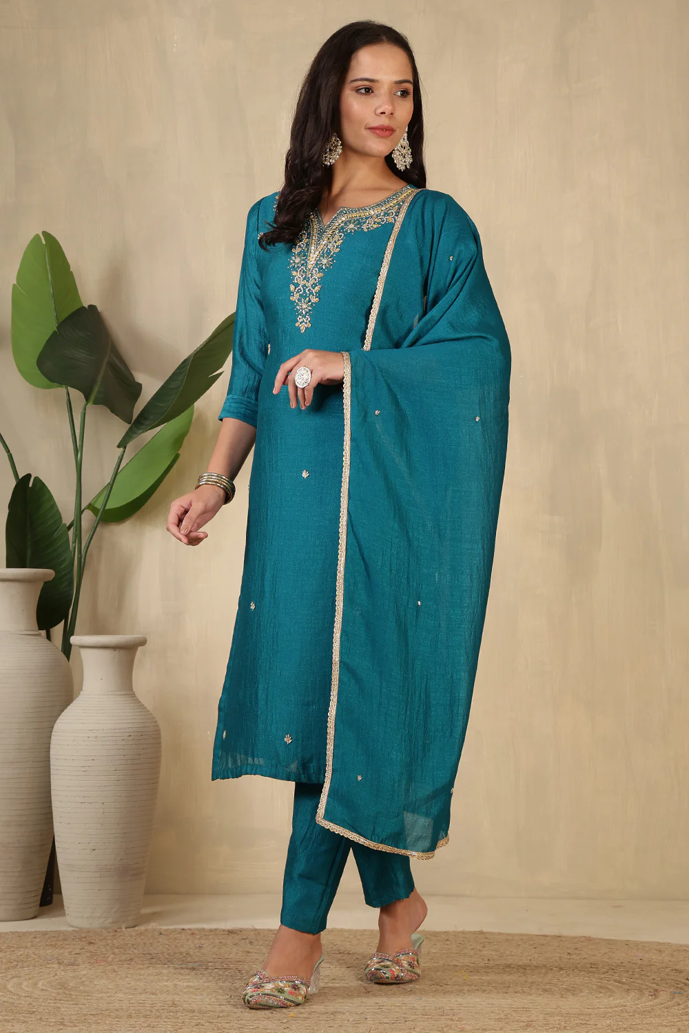 Teal Crepe Silk Neck Embroidered Suit - Image 2
