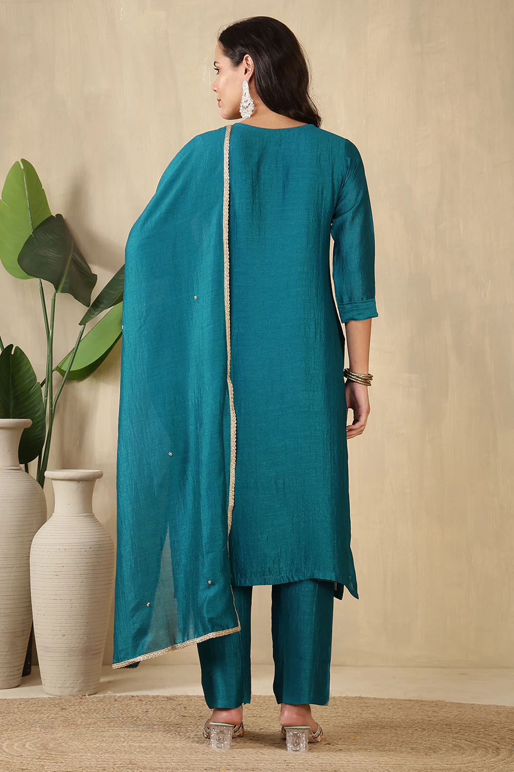 Teal Crepe Silk Neck Embroidered Suit - Image 3